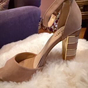 Tan and Gold Heels with Geometric Block Heel Design